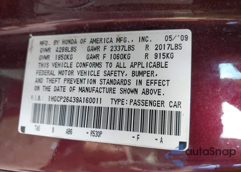 2009 Honda Accord 2.4 Lx-P z USA, uszkodzony, nr VIN 1HGCP26439A160011